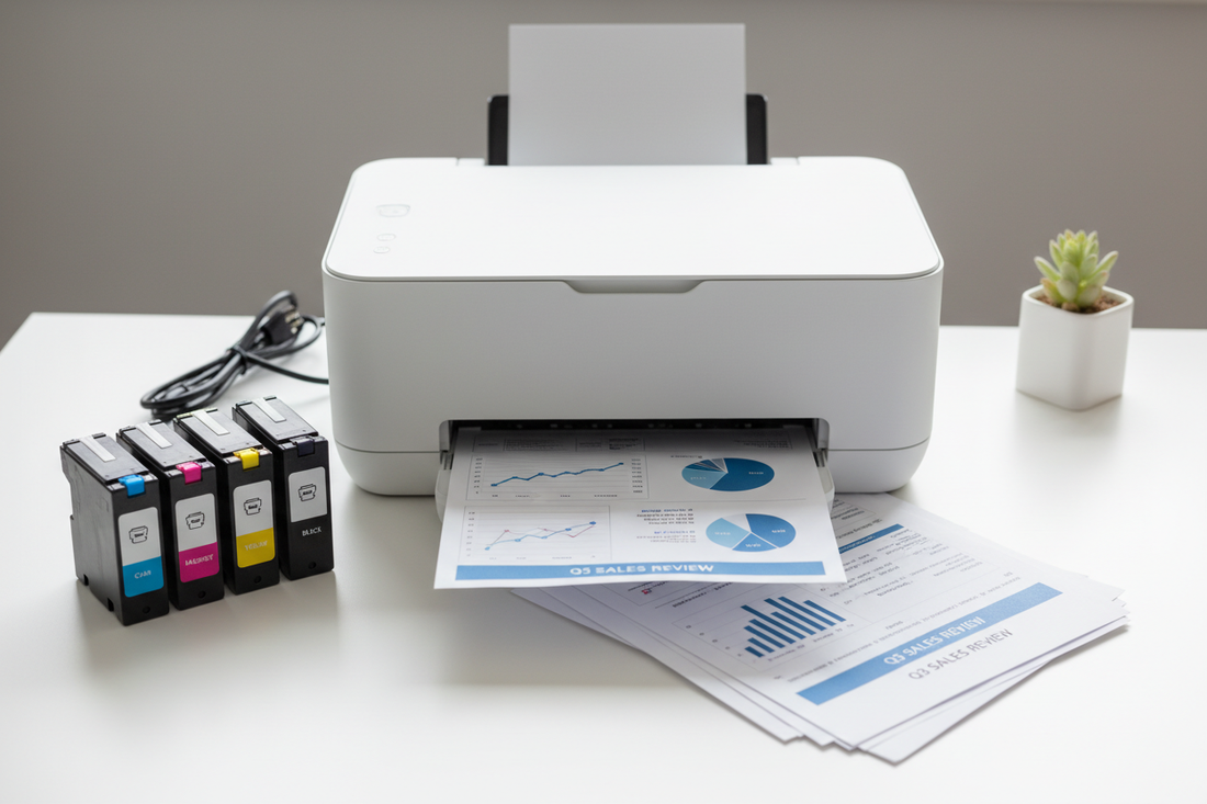 Ink cartridges and printer on a desk - tips to make ink cartridges last longer