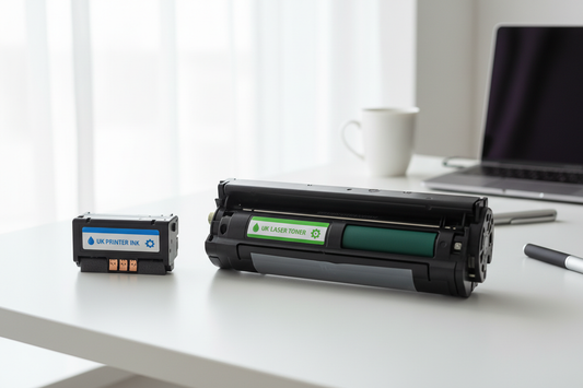 Ink cartridge and toner cartridge side by side on a desk — ink vs toner comparison guide